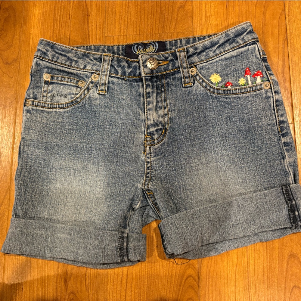 Angels Blue Denim Shorts with Hand Embroidered Floral Appliqués